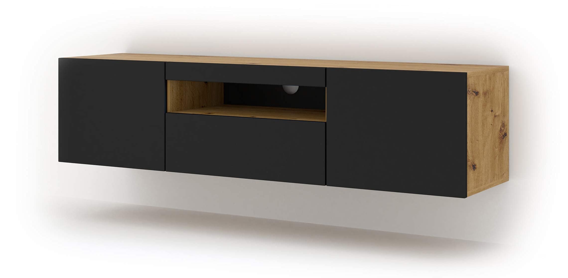 BIM Furniture Szafka pod telewizor Aura 150 cm, wisząca lub stojąca, uniwersalna szafka pod telewizor, stolik hi-fi, wisząca szafka (dąb Artisan i czarny mat, bez LED)