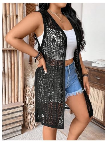 GORGLITTER Women's Plus Size Light Weight Sweater Cardigan Sleeveless Crochet Sheer See Through Long Vest Knit Tops3