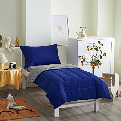 Uozzi Bedding 4 Pieces Toddler Bedding Set Ultra Soft And Breathable Toddler Sheet Set - Includes Comforter, Flat Sheet, Fitted Sheet And Pillowcase - Royal Blue & Gray #TOP2