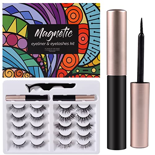 Magnetic Eyelashes with Eyeliner - Magnetic Eyelashes Natural Look with 2 Tubes Eyeliner Kits Tweezers, Eyelashes Magnetic Lashes Natural, Waterproof, No Glue Needed, Easy to Wear(10 Pairs )