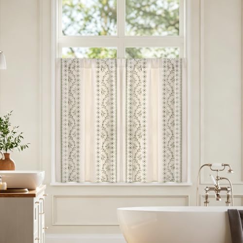 Image of Yinhua Boho Kitchen Curtains 36 Inch Length Sage Green Embroidered Floral Cafe Curtains, Farmhouse Light Filtering Kitchen Window Curtain Rod Pocket Short Tier Curtains for Windows, 26 inch W x 36 inch L