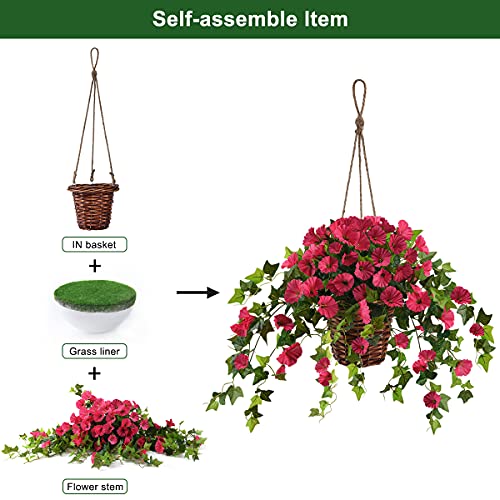 Inqcmy Artificial Hanging Flowers In Basket Outdoor Indoor Patio Garden Decor, Faux Centerpieces,Fake Silk Hanging Basket Morning Glories Flowers Plants With Coconut Lining Flowerpot (Rose Red) #TOP1