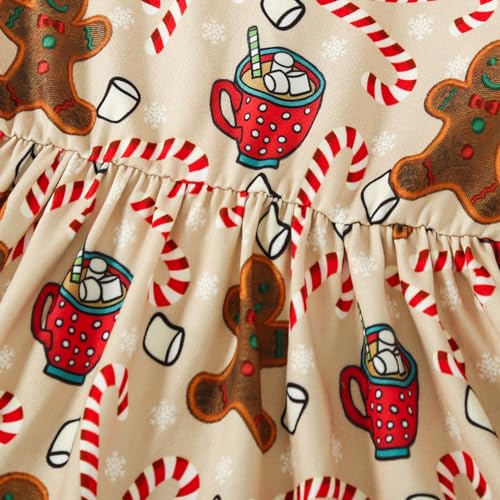 Toddler Girl Christmas Outfit Gingerbread Man Flared Sleeve Ruffled Dress Candy Cane Print Kids Xmas Dresses3