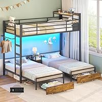 Triple Bunk Bed with Storage Drawers and Bedside Shelf, Twin Over Twin Bunk Bed for Kids/Teens with LED Lights and Charging Station, Heavy Duty Metal Bunk Beds with Safety Guardrail and Ladder, Black