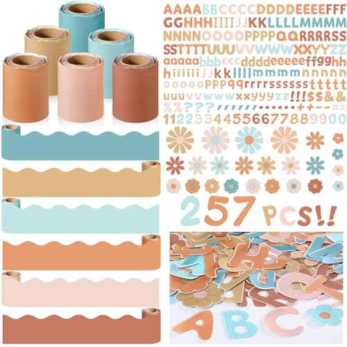 Kosiz Groovy Boho Bulletin Board Decoration Set 118 ft Scalloped Bulletin Board Borders Classroom Poster Border Trim with 257 Pcs Letter Number Symbol Cutout for School Decor