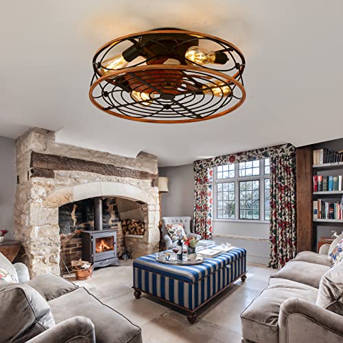 JDALX Retro Deckenventilator Mit Beleuchtung Und Fernbedienung 7 Blatt Rustikalen Stil Industrial Lampe Mit Ventilator Stumm Reversibel Eisen Käfig Ventilator Mit Licht Für Küche Lager Cover