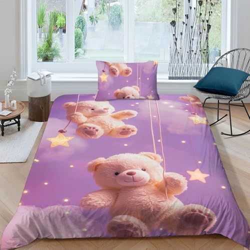 Housse de couette ours imprimé 3D en microfibre douce avec taies