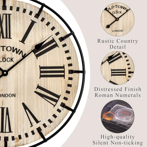 Image of EMAX HOME Rustic Farmhouse Wall Clock 24 Inch, Vintage Oldtown London Wooden Large Clock with Silent Tick, for Bedroom, Office, Kitchen, Indoor Home Decoration