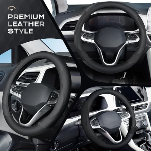Image of Coverado Car Steering Wheel Cover, Nappa Leather Black Steering Wheel Covers for Women, Universal 14-15 inch, Anti-Slip, Breathable Steering Wheel Protector
