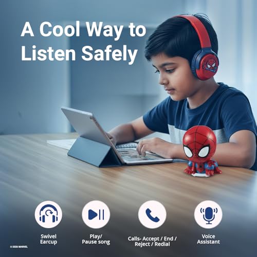 Image of Marvel Spider-Man Kids Bluetooth Headphones with Character Mood Light Gift Set | Foldable Swivel Cups | Kids Safe 85dB Volume Limit | Aux Input | Voice Assistant | Perfect for Boys | Ages 5-16