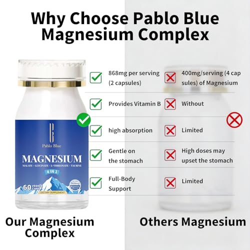 Image of Pablo Blue 4-in-1 Magnesium Glycinate Complex for Women & Men, Chelated Magnesium Threonate, Taurate, Malate & Vitamin B6, Sleep Aid, Brain Function, Muscle Relaxation & Calm Support, Gluten Free