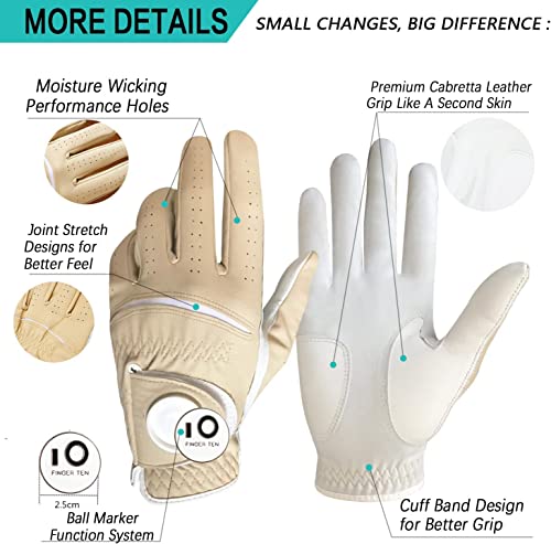 FINGER TEN Golf Gloves Men Right Hand Left Leather with Ball Marker All Weather Value Pack - Image 2