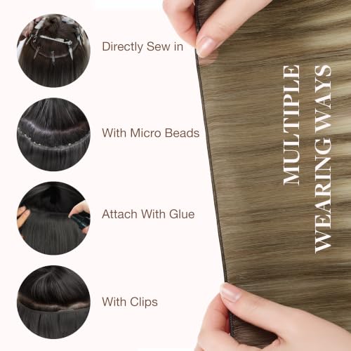 Image of GOO GOO Genius Weft Hair Extensions Human Hair, Sew In Extensions Rooted Remy Weft, #8E /61 /8E Caramel Latte Mocha with Ash Blonde Highlights 24 Inch 60g, Natural Hand Tied Straight Silky