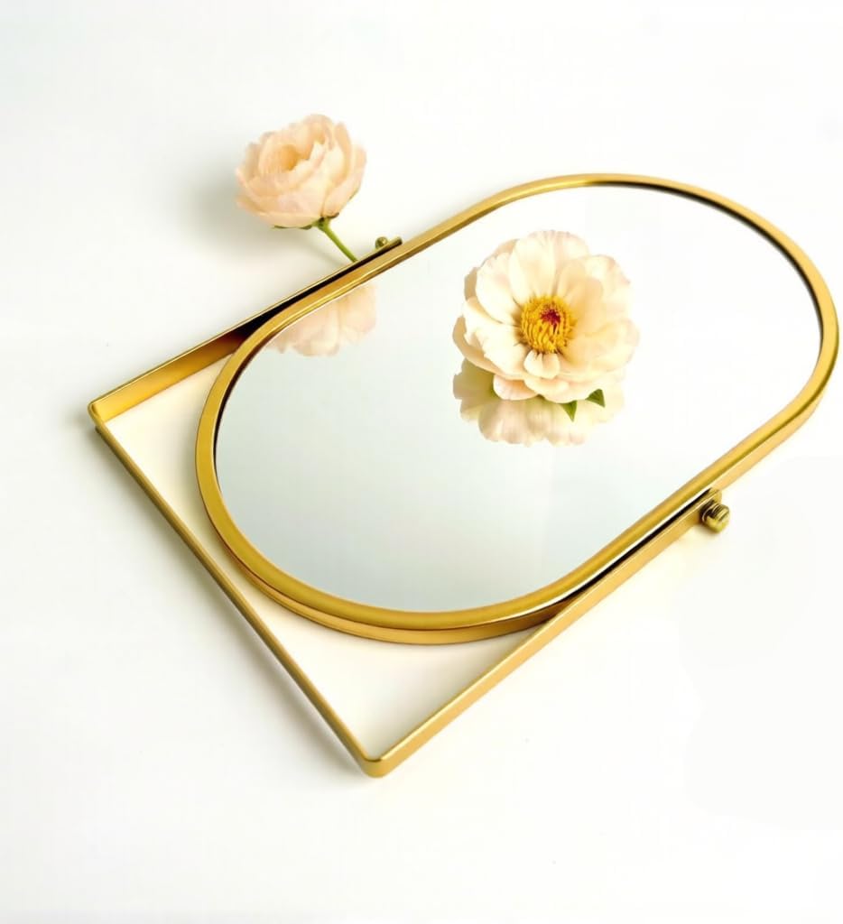 Gold Oval Vanity Mirror, 360° Rotation 180° Tilt Adjustable Desktop Makeup Mirror with Metal Frame, Decorative Standing Mirror for Bedroom, Bathroom, Living Room