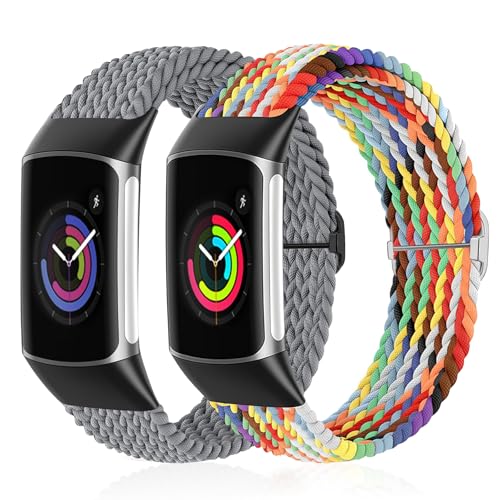 HAYONLIY Paquete de 2 correas elásticas trenzadas compatibles con Fitbit Charge 5/6, correas deportivas de repuesto transpirables de nailon ajustable para Charge 6/Charge 5, mujeres y hombres (2