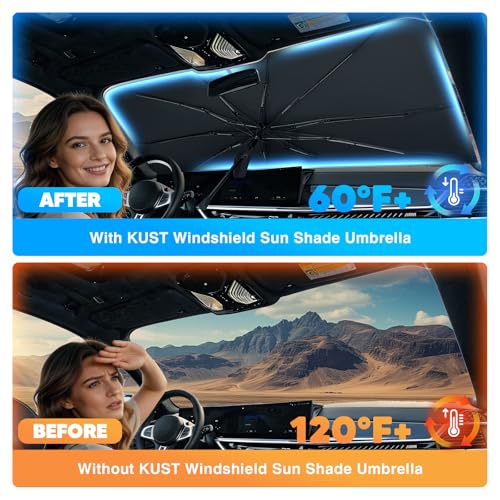Image of KUST 56 inch * 31 inch Upgraded Windshield Sun Shade Umbrella - 【Medium Size】 - Foldable Ice-Crystal Shade Umbrella with Bendable Handle - Blocks UV Rays Keep Car Cool - Easy to Install and Use