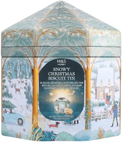 M&S Snowy Christmas Biscuit Musical Rotating Light Up Tin 405g Marks and Spencer