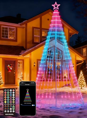 ORFAVKAL 12FT Christmas Tree Lights with 355 LEDs, RGB Color Changing String Lights with Remote & Smart App Control, 52+ Modes, IP67 Waterproof Waterfall Lights with Pole for Xmas Outdoor Decorations