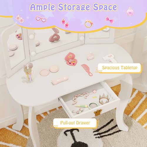 Image of KOTEK Kids Vanity with Lights, Crown Girls Vanity Set w /Tri-Folding Mirror, Detachable Top, Stool & Drawer, Wooden Toddler Makeup Desk, Pretend Play Kids Vanity Table and Chair Set (Classic White)