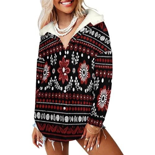 Sweat à capuche femme fleurs ethniques rouge foncé veste d'hiver polaire