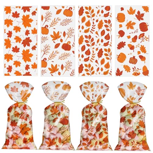 100 Stück Cellophantüten Herbst,13x27cm Herbstdeko Kleine Tüten für Süßigkeiten Durchsichtige Tüten zum Befüllen Plätzchentüten Kekstüten Geschenktüten mit Krawatten Klarsichttüten für Chocolate Toy