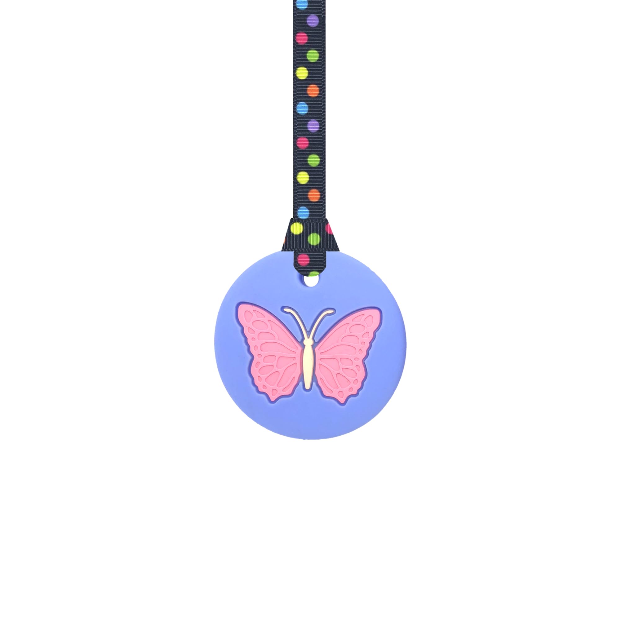 Butterfly Chew Necklace with Lanyard - Blue - Sensory Chew for Kids with Autism, Anxiety & ADHD – 100% Food Grade Silicone - Sensory Oojamabobs (8 Designs Available) (Black dots, 54cm Lanyard)