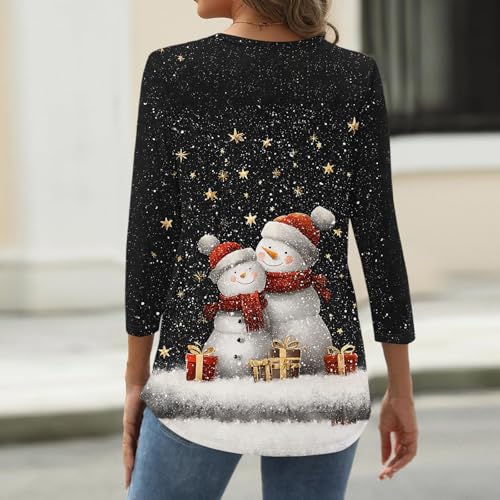 Image of Women Christmas Shirt 3 /4 Length Sleeve Henley Tops Xmas Outfits