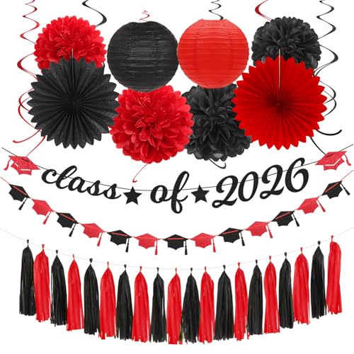 Image of Black Red Graduation Party-Decorations Garland - 36pcs Congrats Grad Class 2026 Banner,Hat Hanging Streamer,College High School Congratulations Master Celebration Classroom Backdrop Decor Burgleda