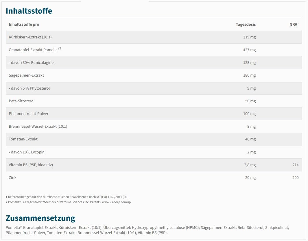 NatuGena Granat Prostata Aktiv, Kürbiskernextrakt, Granatapfelextrakt mit Beta-Sitosterol & Phytosterol, Vitamin B6, Zink, 90 Kapseln (30 Tage Packung)