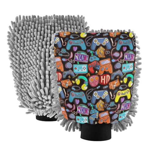 STAYTOP Cartoon Gamepad Controller Car Wash Mitt Microfiber, 2Pcs Scratch Free Lint-Free, Premium Chenille Microfiber Mitt Car Wash Brush-M