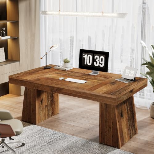 Image of Tribesigns 55-Inch Executive Desk, Thick Wood Office Computer Desk with Double Pedestal, Modern Minimalist Workstations Writing Table Conference Table Furniture for Home Office, Walnut Finish