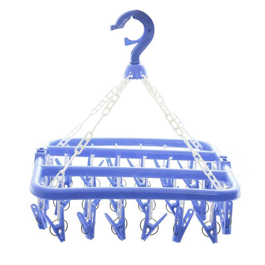 MOBYGKFY 32 Clips Folding Socks Clothes Hanger Rack Clothespin Clothes Drying Rack Closet Wardrobe Organizer Blue/Green/Pink(3-pack)