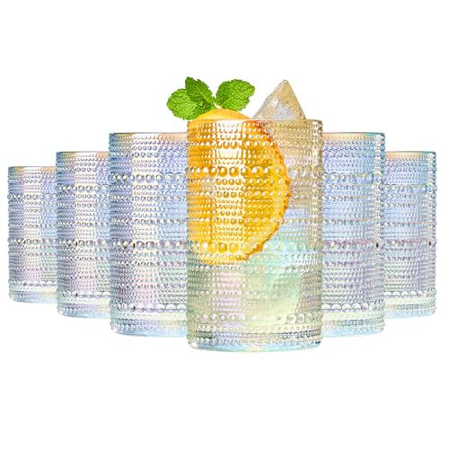 Hobnail Beaded Highball Drinking Tumbler Glasses | Set of 6 | Iridescent Pearl Vintage Bubble Design Glassware Old-Fashioned Embossed Design Water Wine Cocktail Embossed Heavy Glass Rocks Glass