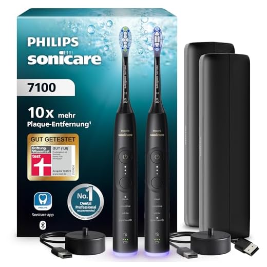 Philips Sonicare 7100 elektrische Zahnbürste, Schallzahnbürste mit App, 4 Putzmodi und 3 Intensitätsstufen, Andruckkontrolle, EasyStart, SmarTimer und BrushPacer, Schwarz, 2er-Pack, Modell HX7429/03