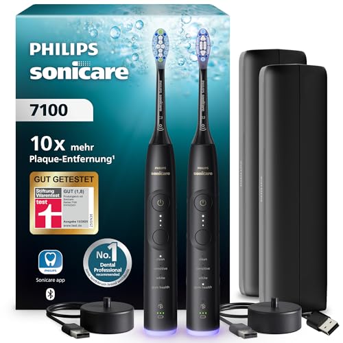 Philips Sonicare 7100 elektrische Zahnbürste, Schallzahnbürste mit App, 4 Putzmodi, 3 Intensitätsstufen, Andruckkontrolle, EasyStart, SmarTimer, Schwarz, 2er-Pack, Modell HX7429/03 [Neue Technologie]