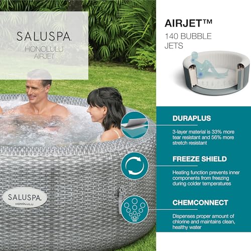 Bestway 4-6 Person SaluSpa Honolulu AirJet Inflatable Hot Tub Spa, 77" x 28" Round Portable Spa with 140 Soothing Jets and Insulated Cover