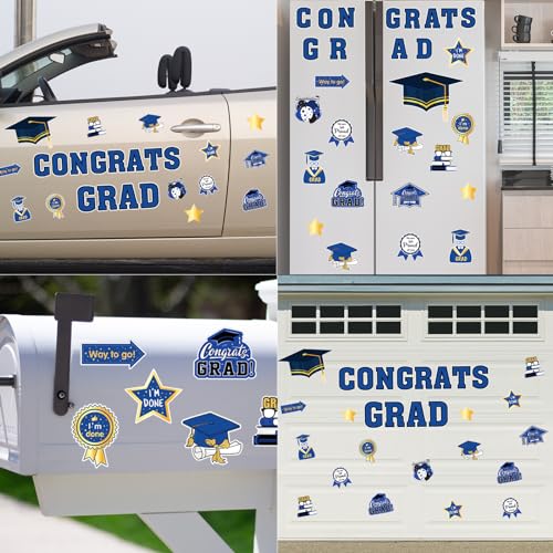 Image of JarThenaAMCS 28Pcs Graduation Car Decorations Magnets 6 Inch 2026 Congrats Grad Cap Refrigerator Stickers Automotive Garage Cruise Door Magnetic Decals for Car Mailbox Metal Cabinet Decor (Blue, Gold)