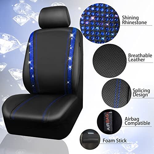 Image of CAR PASS Leather Diamond Bling Car Seat Covers 2 Front Interior Sets, Waterproof Universal Shining Glitter Crystal Sparkle Fit for 95% Automotive Truck SUV Cute Women Girl, Black Blue Rhinestone