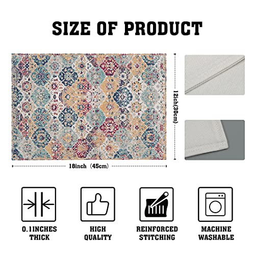 Image of Ethnic Boho Placemats Set of 4 Bohemian Carpet Vintage Rust Coral Floral Carpet Linen Washable Kitchen Dining Table Mats Stain Heat-Resistant Desktop Decor Place Mats 12x18 in