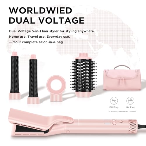 Image of Dual Voltage Travel Hair Dryer Brush, 5-in-1 Air Styler Set with Travel Bag