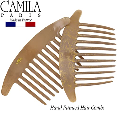 Image of Camila Paris CP2941 French Hair Side Combs, Beige Pearl Interlocking Combs French Twist Hair Combs, Strong Hold Hair Clips for Women Bun Chignon Up-Do, Styling Girls Hair Accessories, Made in France