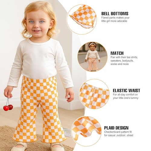 SOBOWO Checkered Baby Girl Flare Pants 3 Pack Toddler Bell Bottoms Plaid Ruffle Leggings Pants Fall Winter Outfits Size 6M-4T(12-18 Months, Black&White Plaid/Orange/Orange&Beige Plaid)