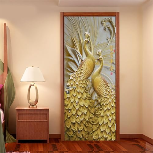 Vinilos Para Puertas 77X200Cm Pavo Dorado Vinilo Puerta 3D Pegatinas Para La Renovación De La Puerta Arte Mural Etiqueta Carteles Pegatinas De Pared Diy Decoraciones