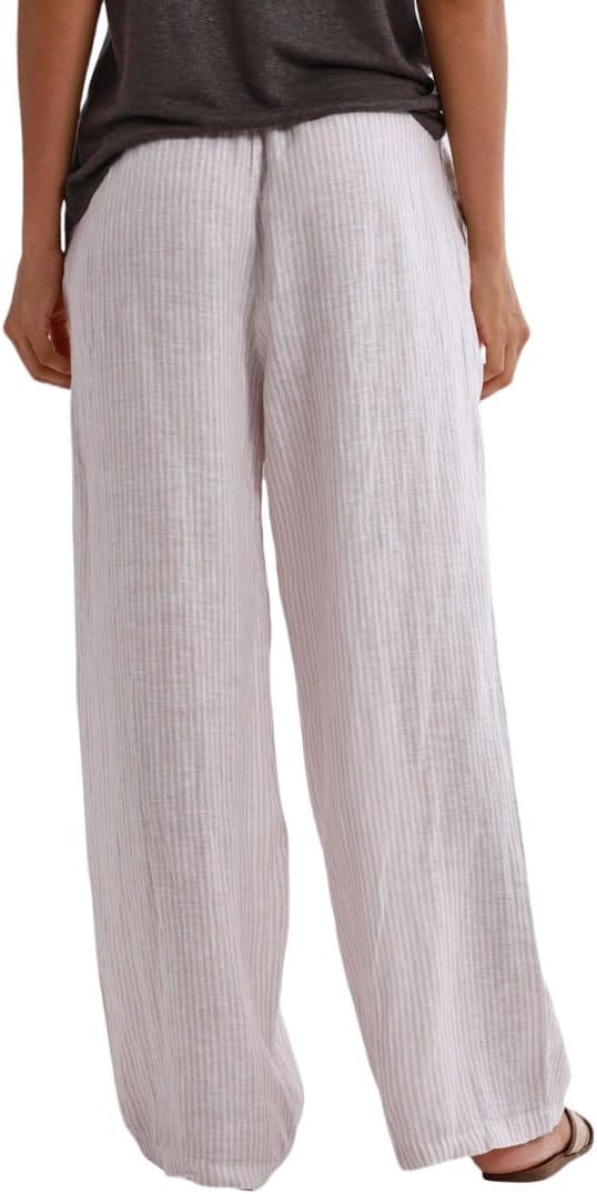Amazhiyu Women's 100% Linen Striped Drawstring Elastic Waist Wide Leg Pants - Image 2