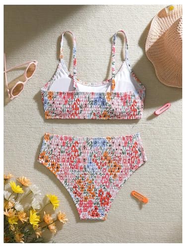 Image of MAKEMECHIC Girl's Ditsy Floral Print 2 Piece Bikini Set Scoop Neck Ruched Triangle Beach Bathing Suit