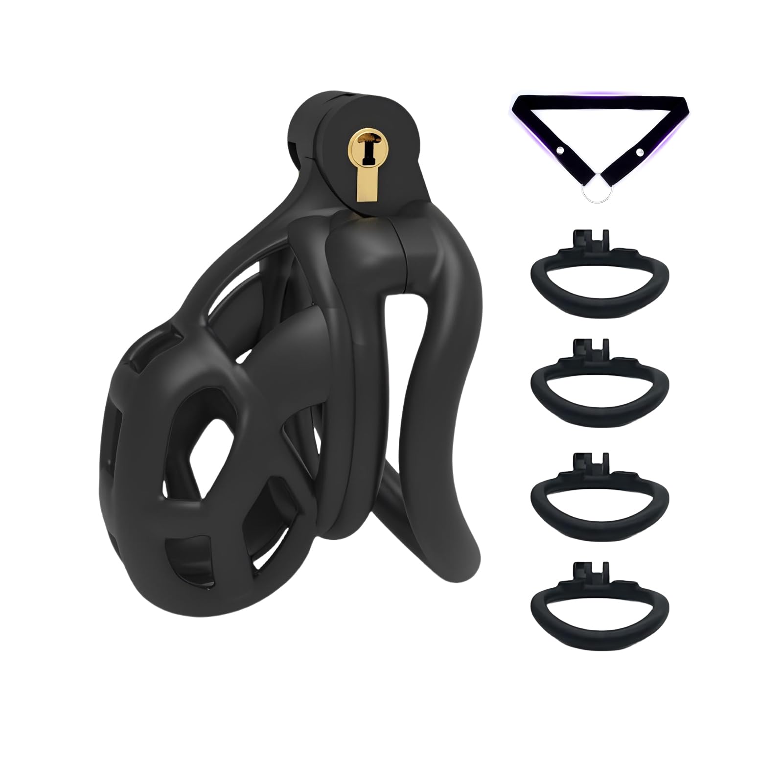 Chastity Cage Jouet Adulte Cage de Chasteté pour Pénis avec 4 Anneaux Courbés Différents Cage Chastetée en Résine Légère avec Ceinture et Serrure Cachée pour le Bndage du Pénis de l'Homme