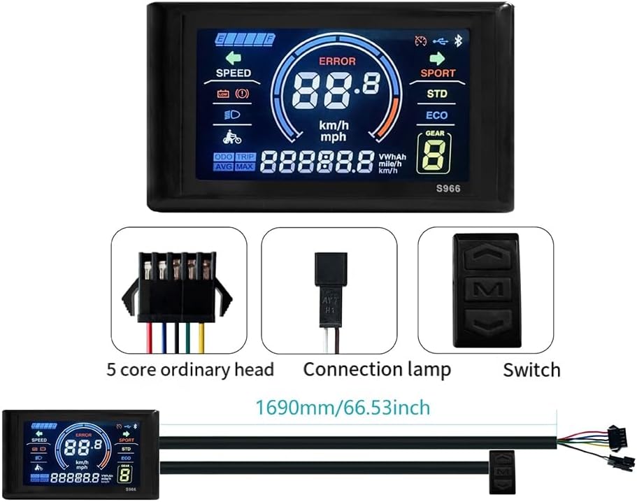 Srutueo LCD-S966 display with its SM plug cable, control button panel, and cable length indication