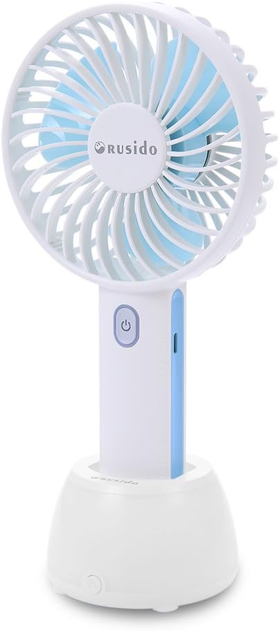Rusido Portable Mini Handheld Fan with Base Containing Built-in 2000mAh Mobile Power and Base Colorful Lights Rechargeable Fan with USB (3 Speeds Blue) Suitable for Home Office Travel Outdoor