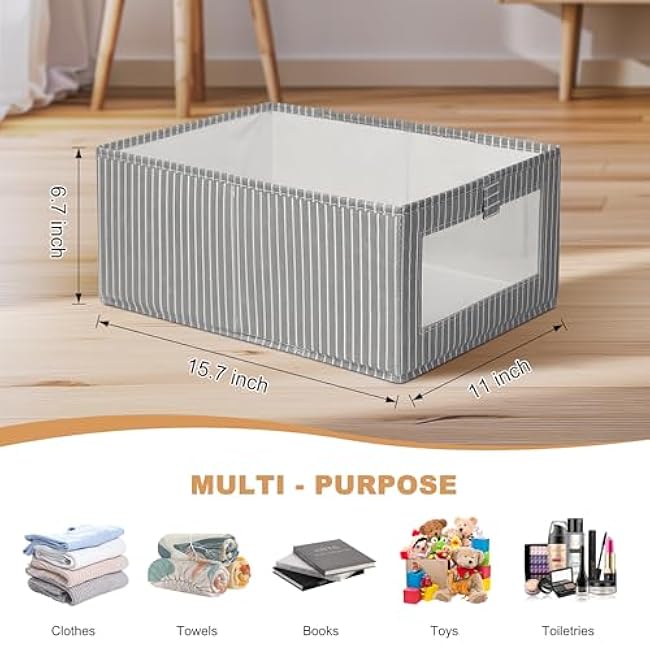 3 Pack Linen Closet Organizers, Foldable Fabric Bins with Clear Window - Storage Baskets for Clothing, Jeans, Shelves, Organizer Containers (Gray Vertical Stripe, 3PCS/15.7 * 11 * 6.7in)