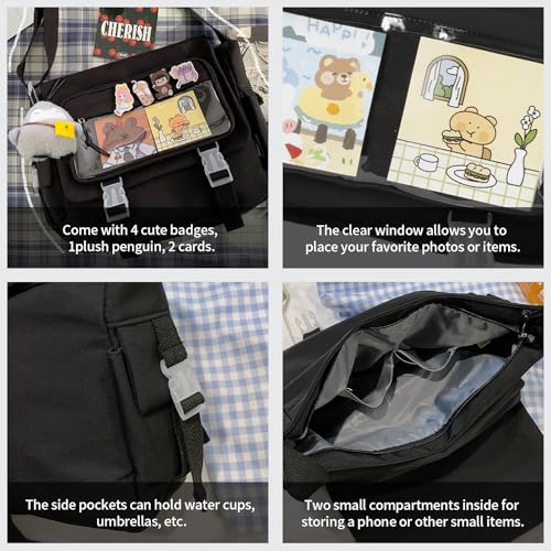 Jnidesier Kawaii Ita Bag with Clear Windows for Women with Pin and Plush Penguin, Cute Aesthetic Messenger Bag Y2K Crossbody Bag Black Fit 15.6 Inch Laptop - Image 4